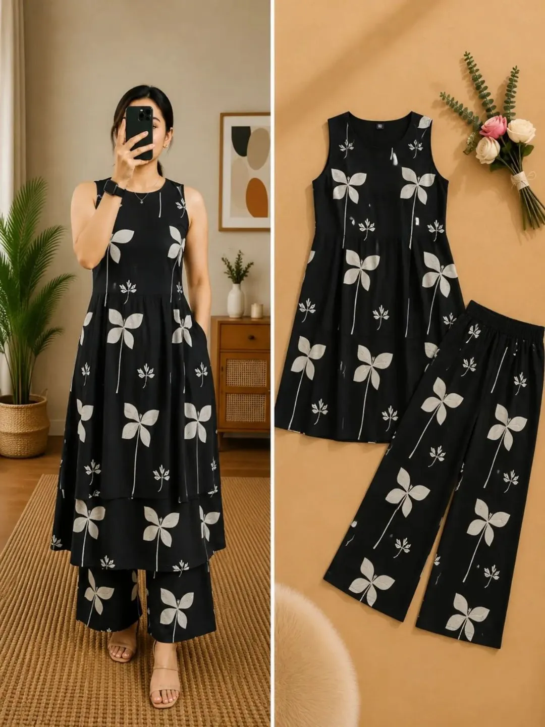 Ivory Elephant and Parasol Printed Sleeveless Kurti with Pant Set - Image 2