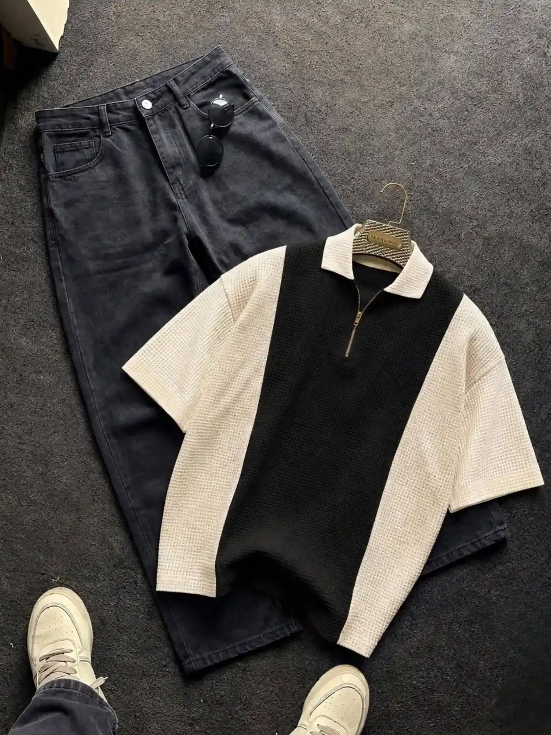 Brown and Beige Colorblock Waffle Knit Polo Shirt with Dark Denim Trouser Combo - Image 4