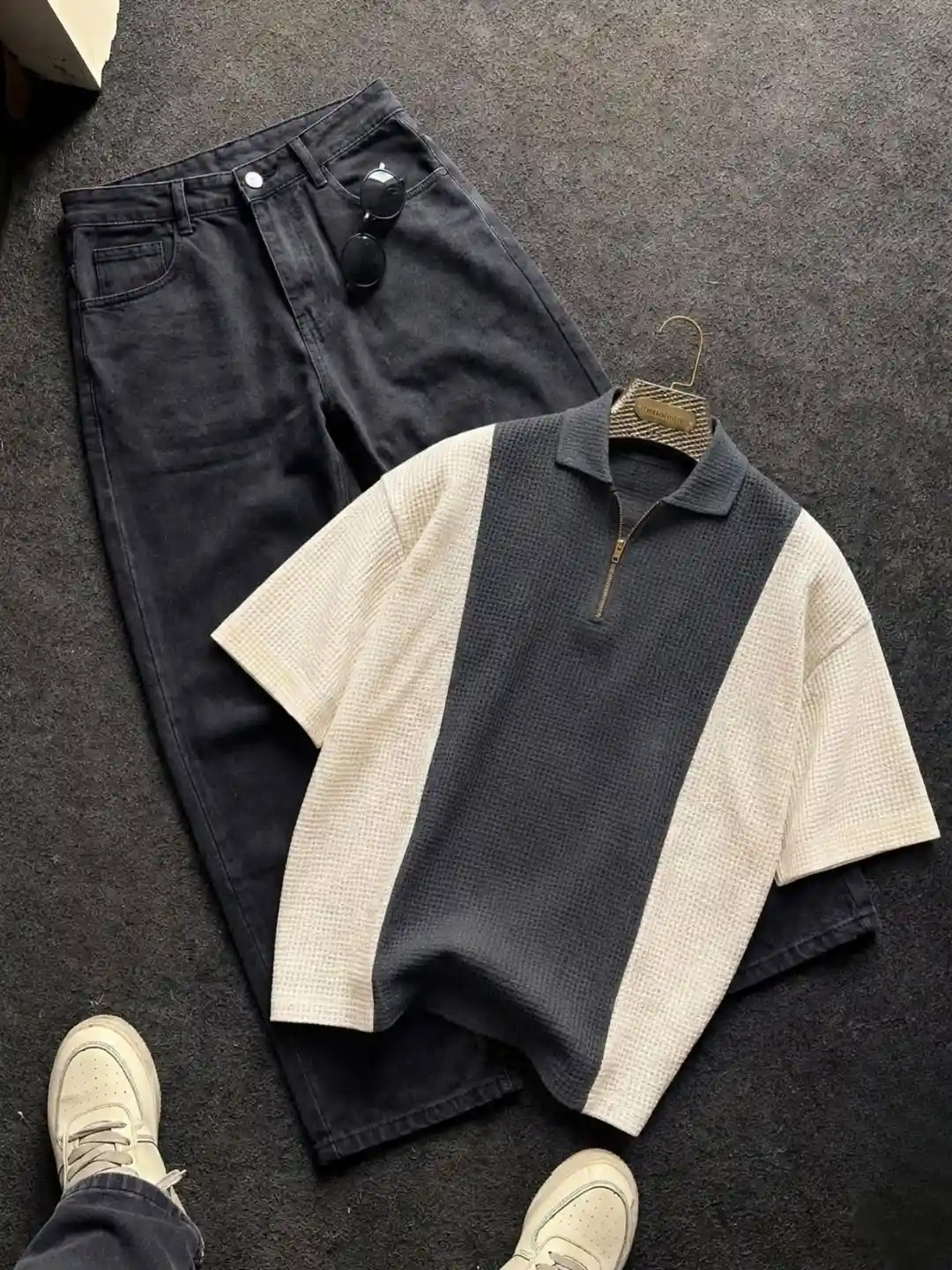Brown and Beige Colorblock Waffle Knit Polo Shirt with Dark Denim Trouser Combo - Image 2