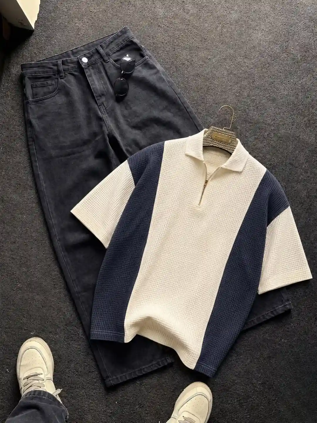 Brown and Beige Colorblock Waffle Knit Polo Shirt with Dark Denim Trouser Combo - Image 3