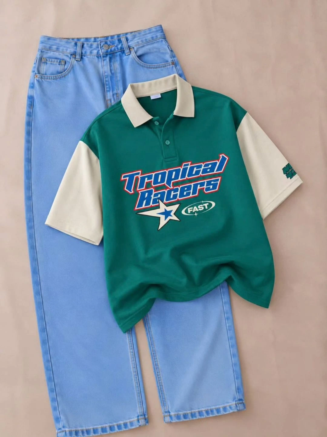 Casual Contrast Polo & High-Waist Denim Outfit Set - Image 5