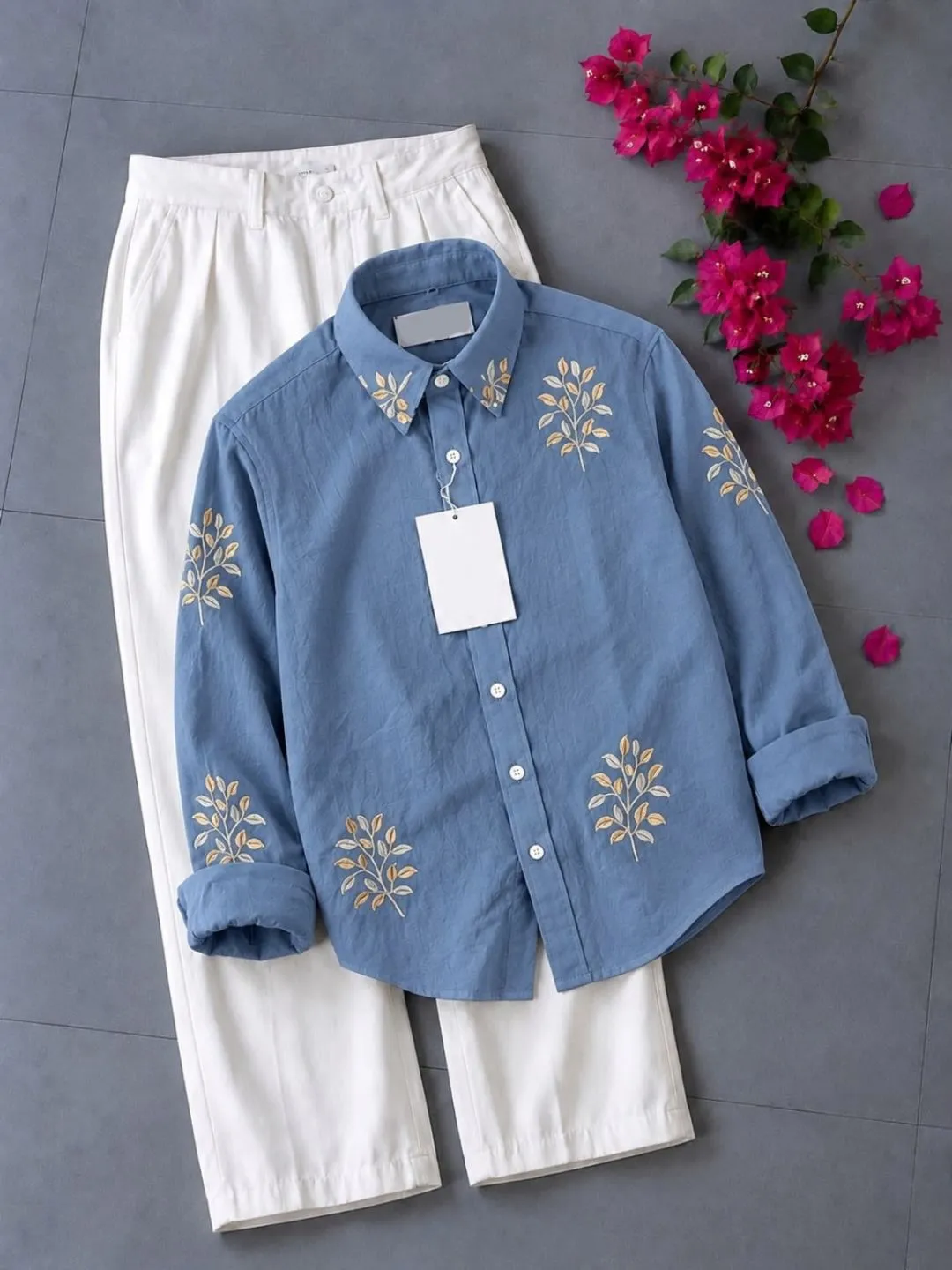 Floral Embroidered Black Shirt & Off-White Trousers Co-Ord Set - Image 2