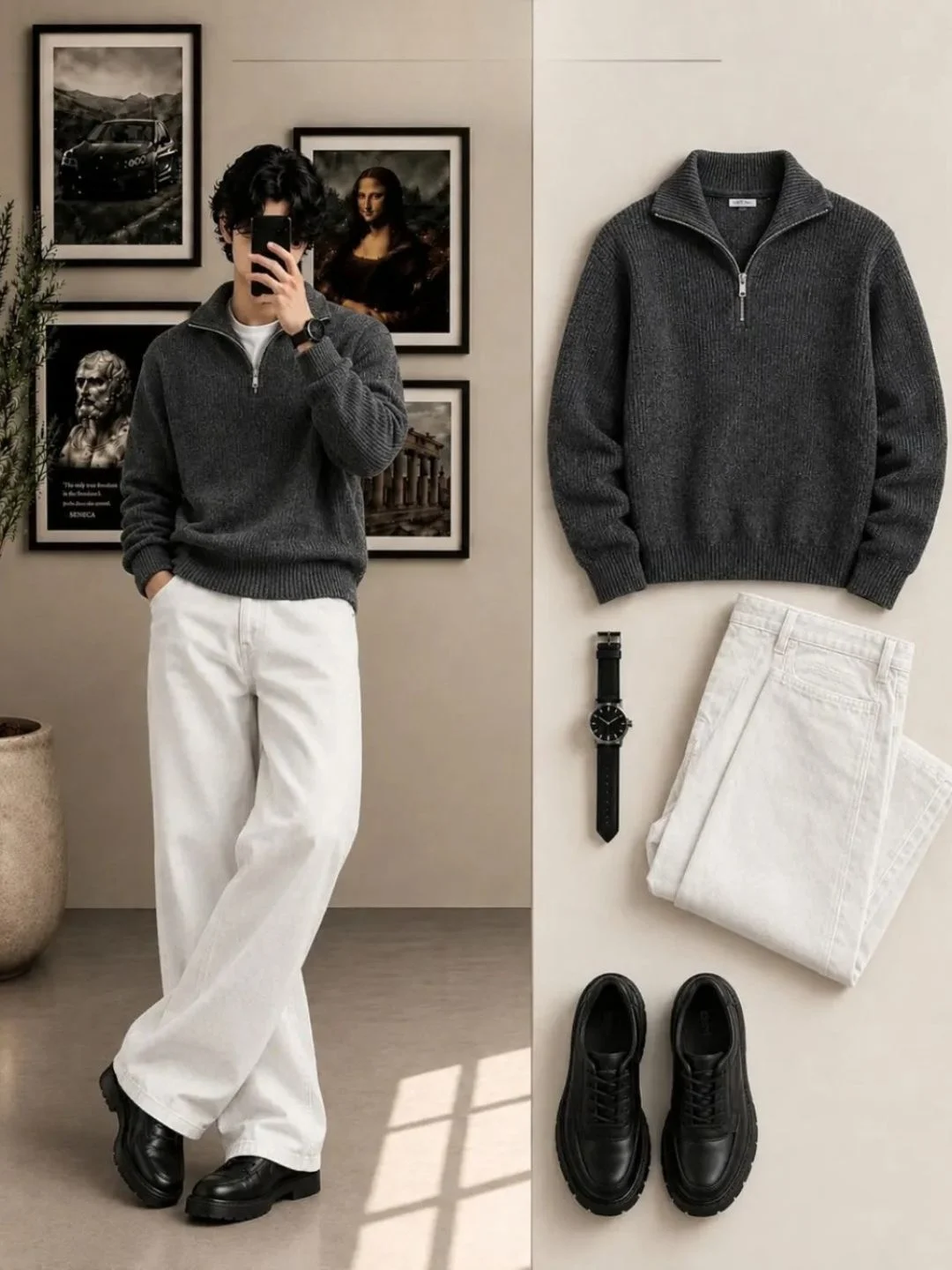 Fleece Colorblock Sweatshirt & Wide-Leg Jeans Outfit Set - Image 4