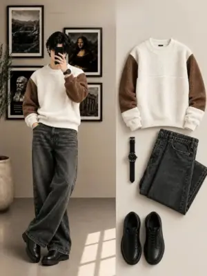Fleece Colorblock Sweatshirt & Wide-Leg Jeans Outfit Set