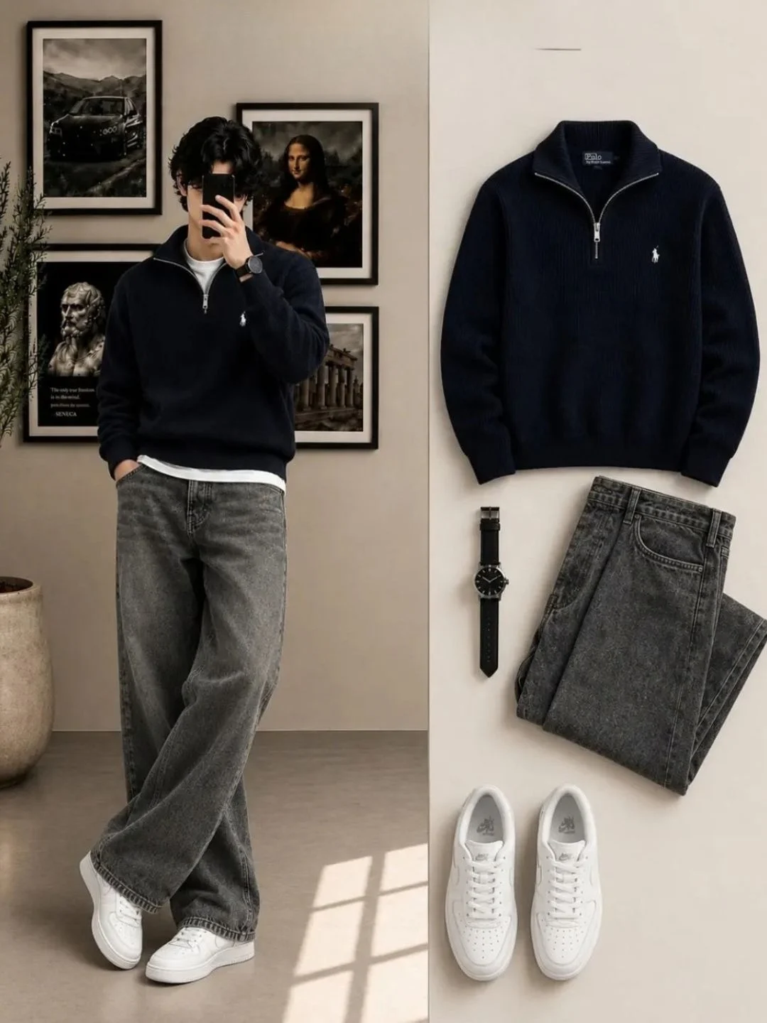 Fleece Colorblock Sweatshirt & Wide-Leg Jeans Outfit Set - Image 5