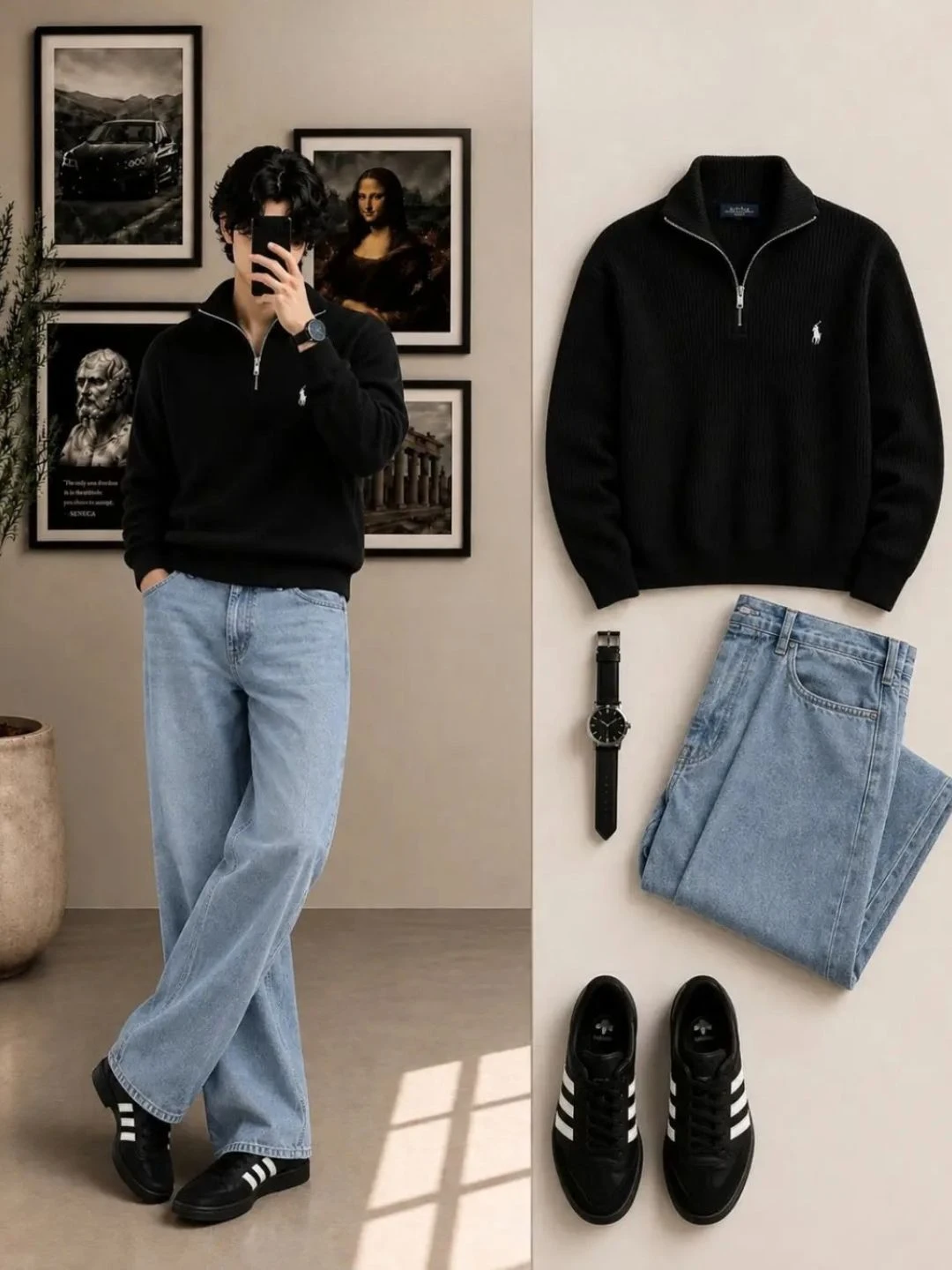 Fleece Colorblock Sweatshirt & Wide-Leg Jeans Outfit Set - Image 3