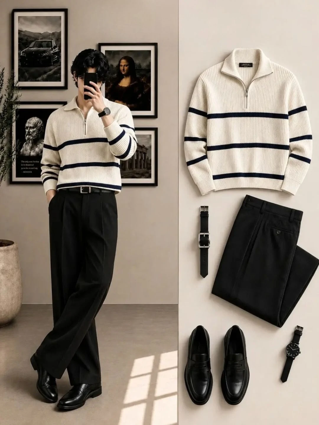 Fleece Colorblock Sweatshirt & Wide-Leg Jeans Outfit Set - Image 2