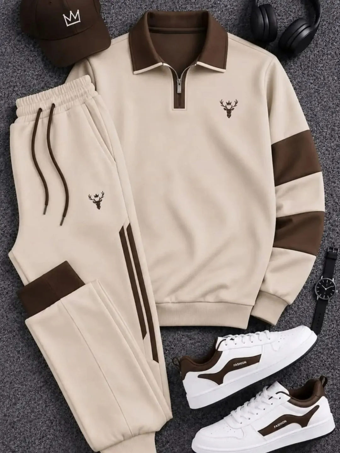 Navy Polo Sweatshirt & Grey Joggers Tracksuit Set - Image 2