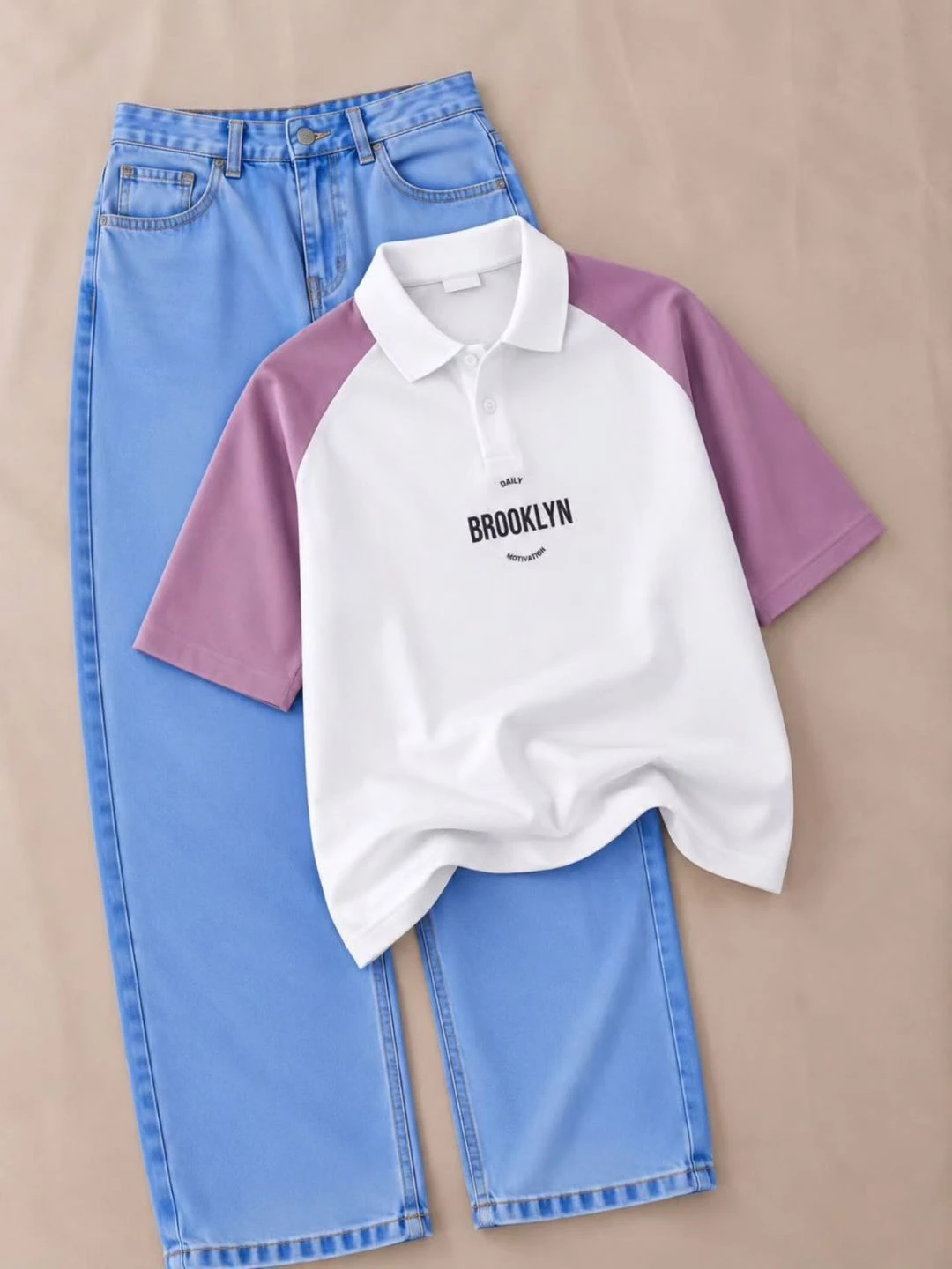 Casual Contrast Polo & High-Waist Denim Outfit Set - Image 4