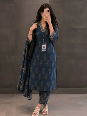 Elegant Teal Printed Kurta, Pants & Dupatta Suit Set