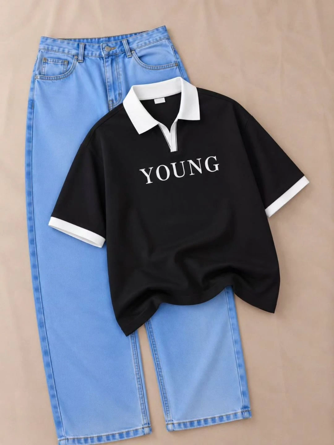 Casual Contrast Polo & High-Waist Denim Outfit Set