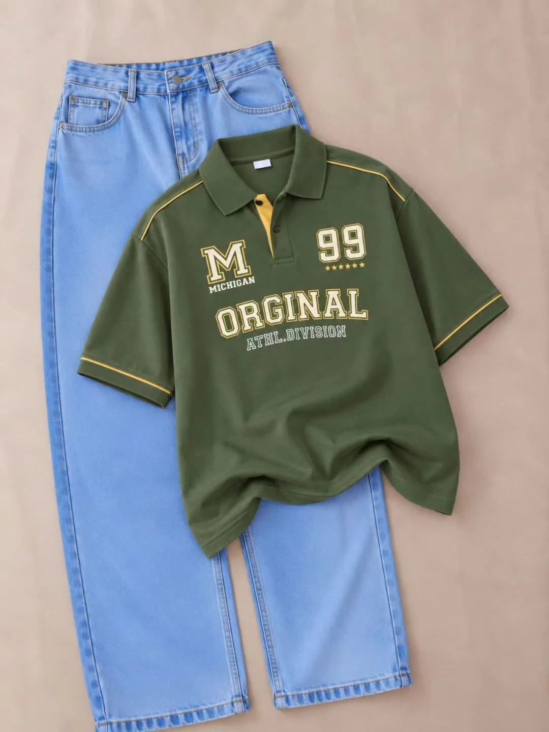 Casual Contrast Polo & High-Waist Denim Outfit Set - Image 3
