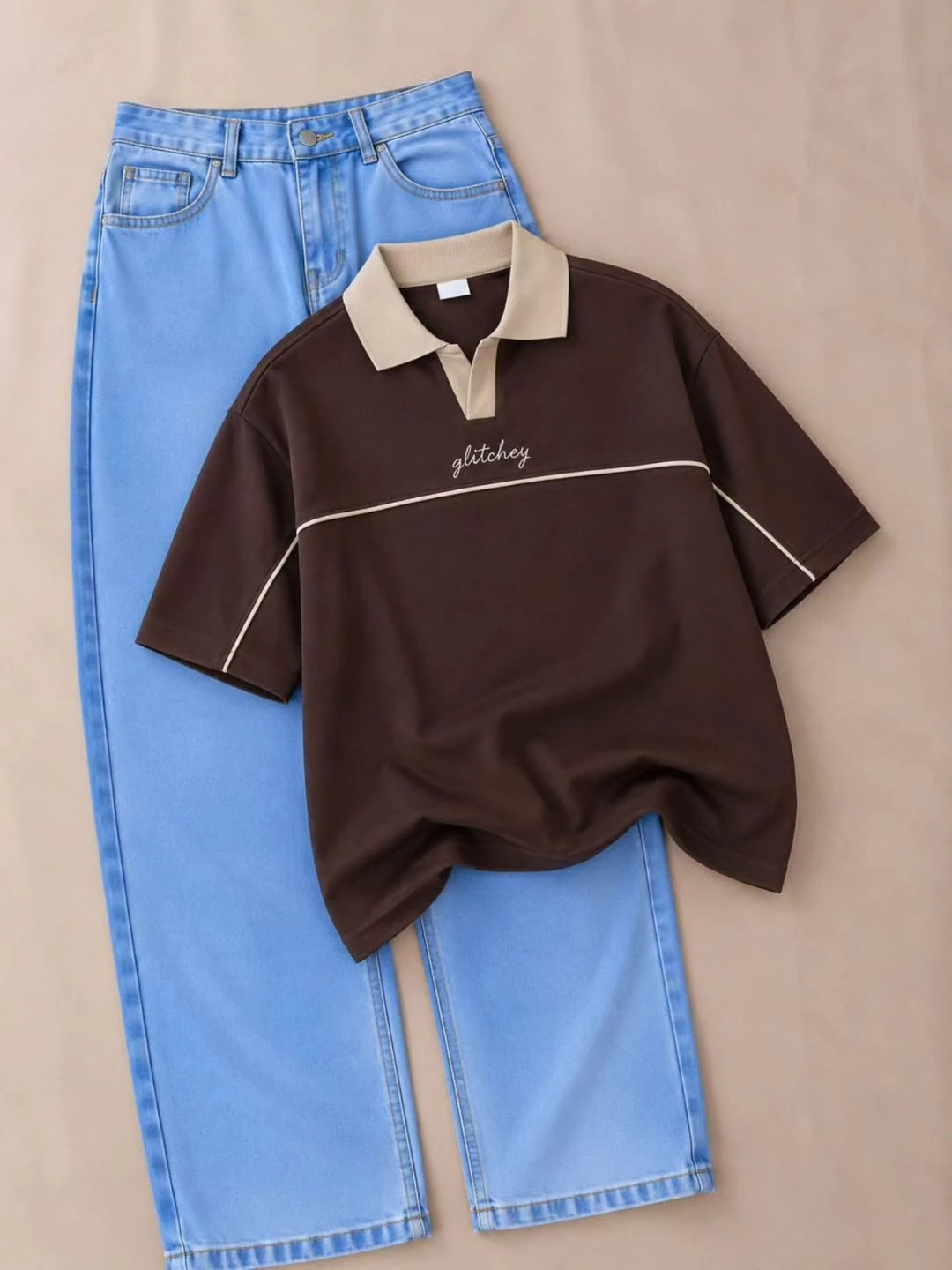 Casual Contrast Polo & High-Waist Denim Outfit Set - Image 2
