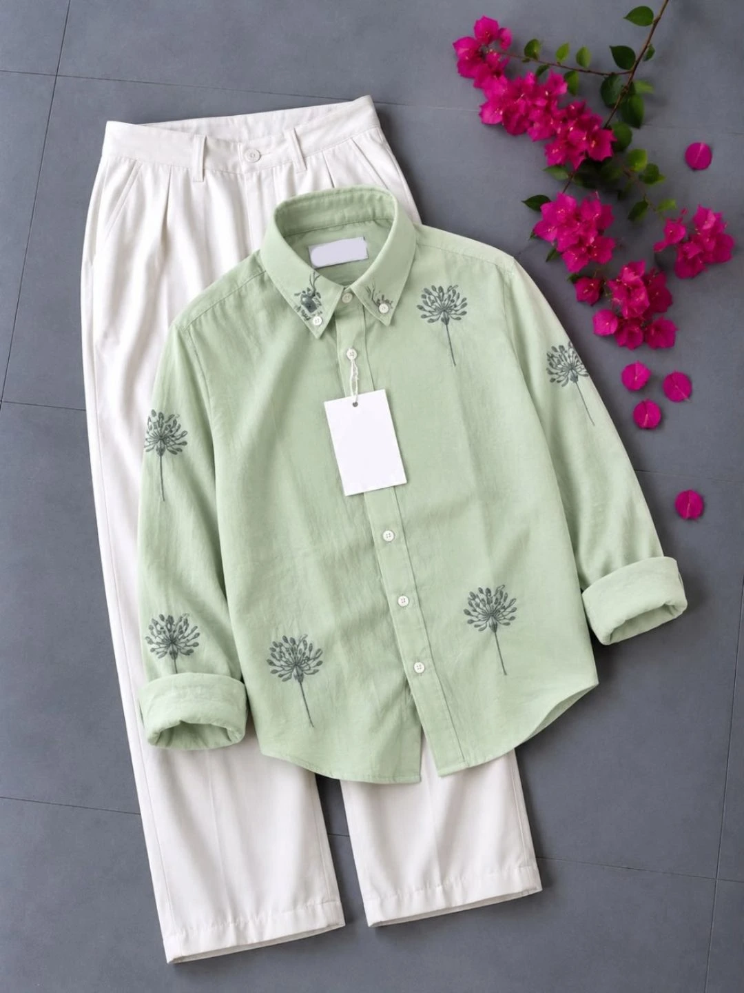 Floral Embroidered Black Shirt & Off-White Trousers Co-Ord Set - Image 5