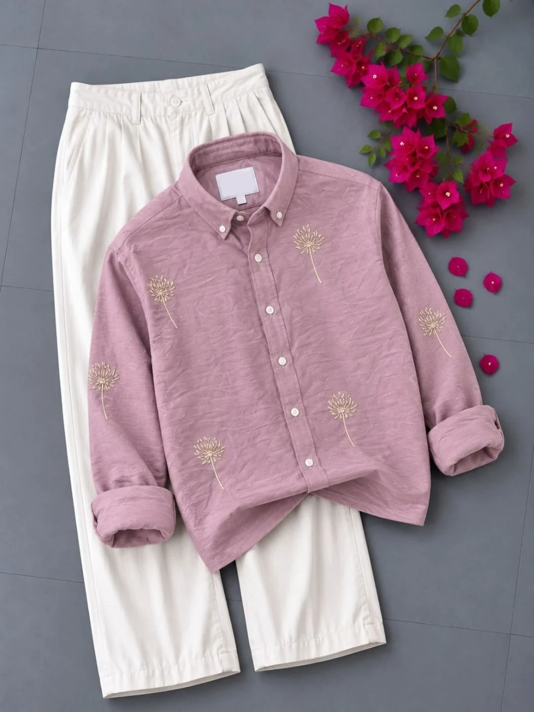 Floral Embroidered Black Shirt & Off-White Trousers Co-Ord Set - Image 4