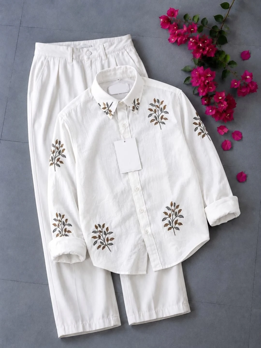 Floral Embroidered Black Shirt & Off-White Trousers Co-Ord Set - Image 3