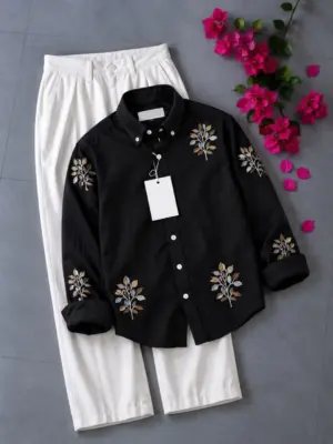 Floral Embroidered Black Shirt & Off-White Trousers Co-Ord Set